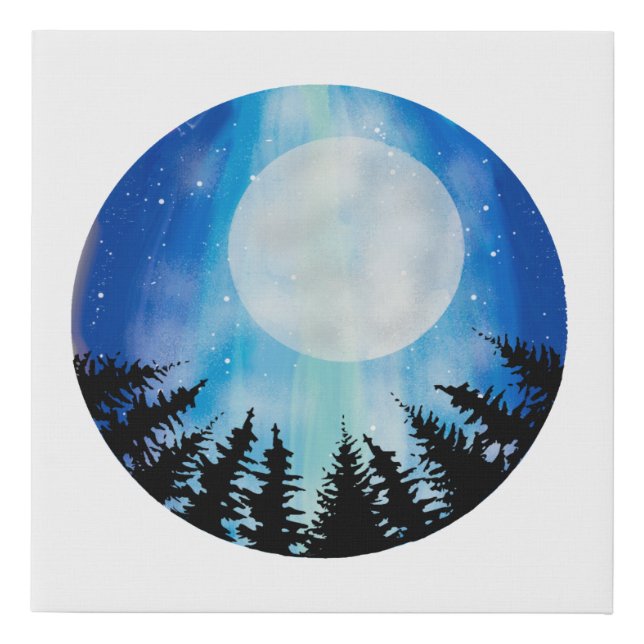 Abstract Night Sky Wood Full Moon digital Painting Faux Canvas Print (Front)