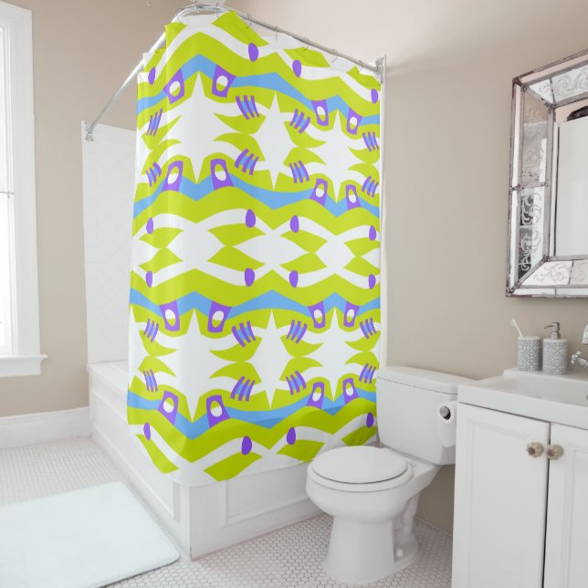 Abstract Noah’s Ark Green Purple Blue Shower Curtain (In Situ)