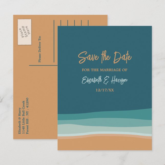 Abstract Ocean Beach Wedding Save The Date Announcement Postcard (Front/Back)