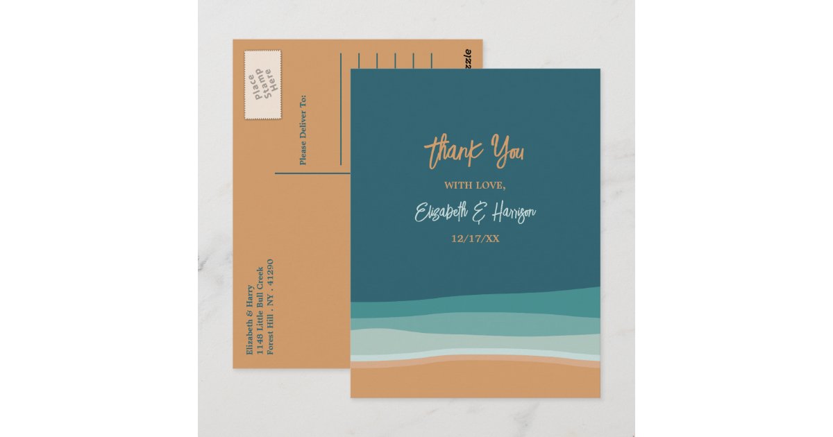 Abstract Ocean Beach Wedding Thank You Postcard | Zazzle
