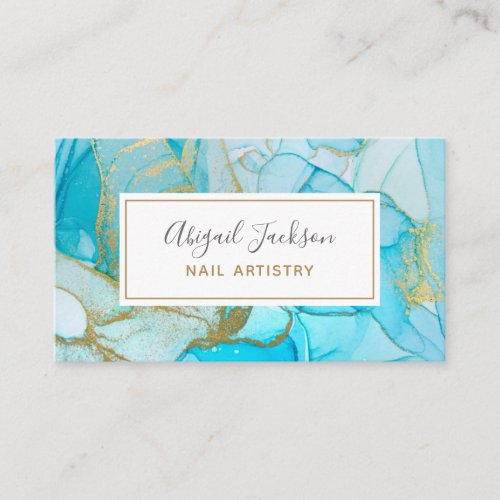 Abstract Ocean Blue Gold Watercolor Nail Artistry Business Card