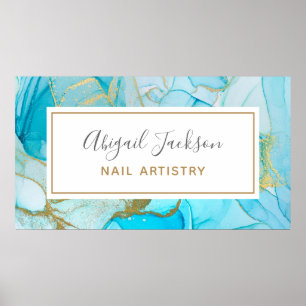 Abstract Ocean Blue Gold Watercolor Nails By Name Poster
