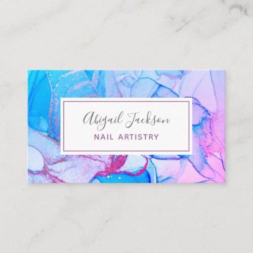 Abstract Ocean Blue Pink Watercolor Nail Artistry Business Card