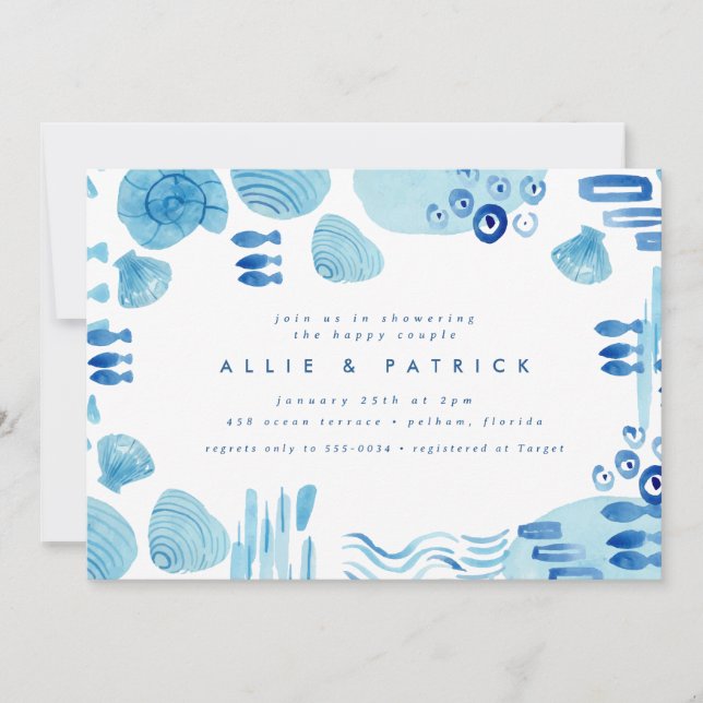 Abstract Ocean Blue Seashell Couples Bridal Shower Invitation (Front)