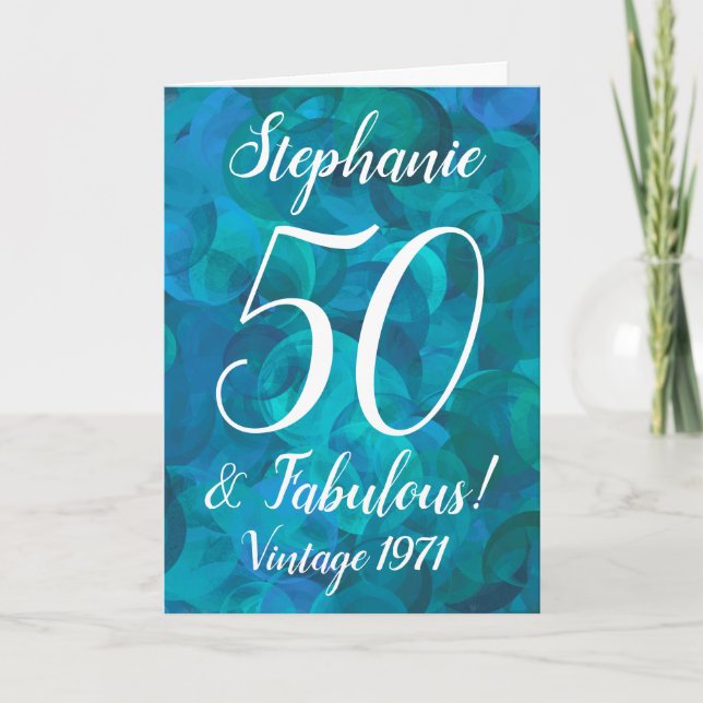 Abstract Ocean Blue Teal 50 and Fabulous Birthday Card (Front)