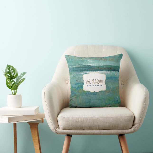 Abstract Ocean Coast Teal Art Throw Pillow (Chair)