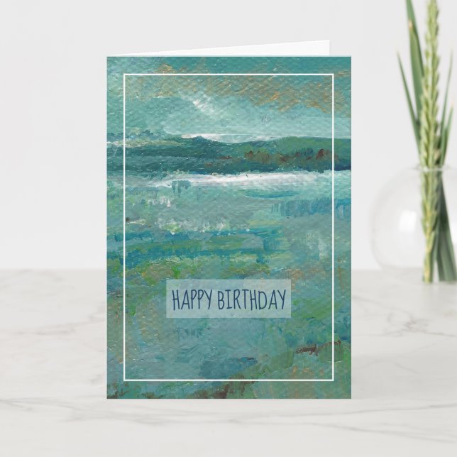 Abstract Ocean Mountains Happy Birthday Holiday Card (Front)