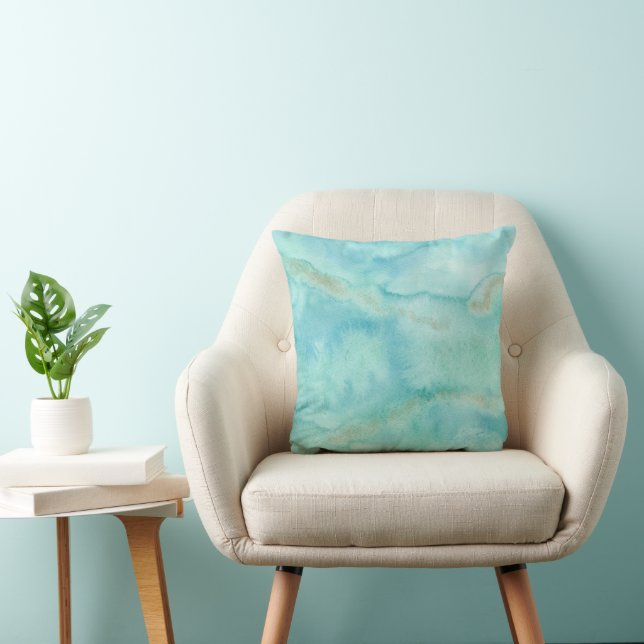 Abstract Ocean Watercolor Blue and Gold Throw Pillow (Chair)