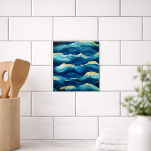 Abstract Ocean Waves Blue and Gold Watercolor  Ceramic Tile