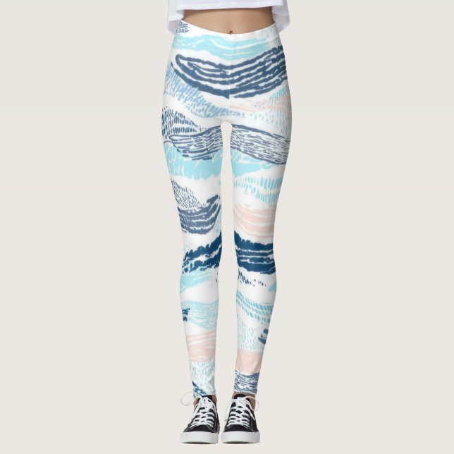 Abstract Ocean Waves Blue Pink Textured Pattern Leggings (Front)