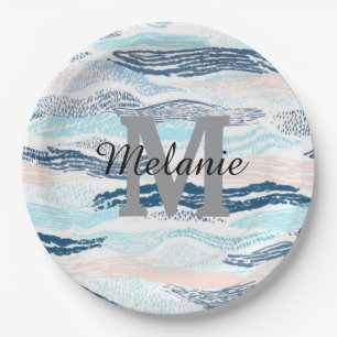 Abstract Ocean Waves Blue Pink Textured Pattern Paper Plates