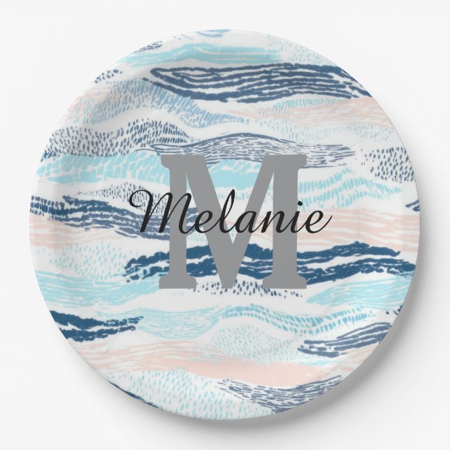 Abstract Ocean Waves Blue Pink Textured Pattern Paper Plates (Front)