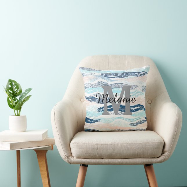 Abstract Ocean Waves Blue Pink Textured Pattern Throw Pillow (Chair)