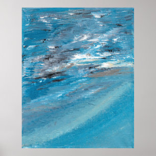 Abstract Ocean Waves in Blue and Gray Brushstrokes Poster