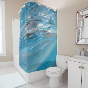 Abstract Ocean Waves in Blue and Gray Brushstrokes Shower Curtain