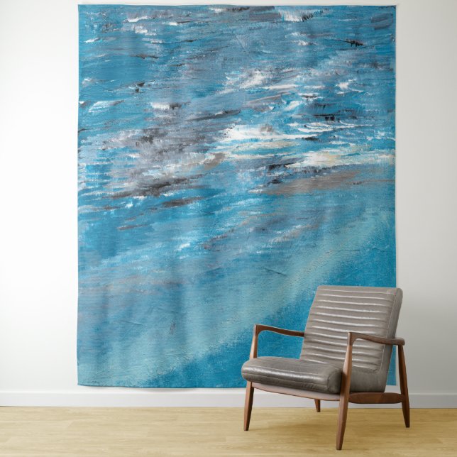 Abstract Ocean Waves in Blue and Gray Brushstrokes Tapestry (In Situ)