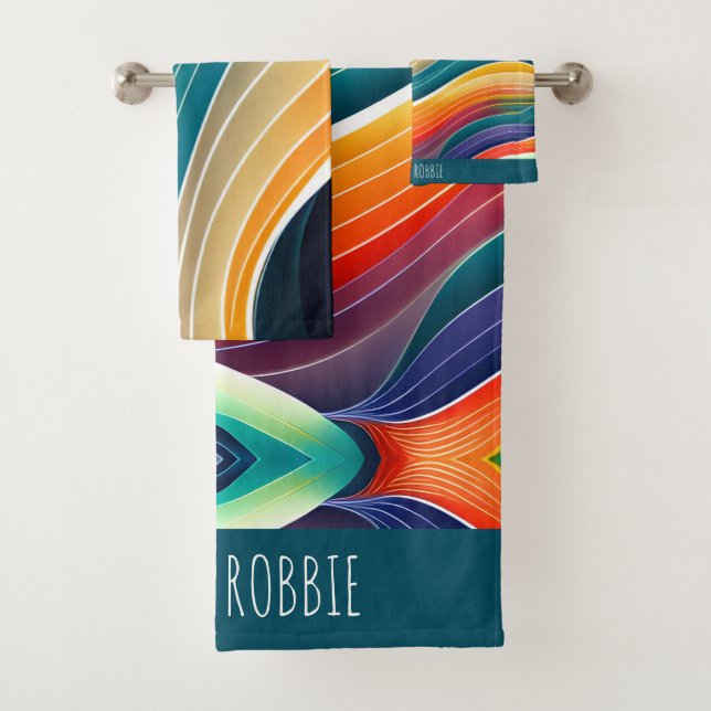 Abstract Ocean Waves Rainbow Pattern Bath Towel Set (Insitu)