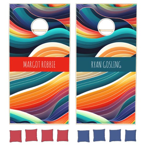 Abstract Ocean Waves Rainbow Pattern Cornhole Set