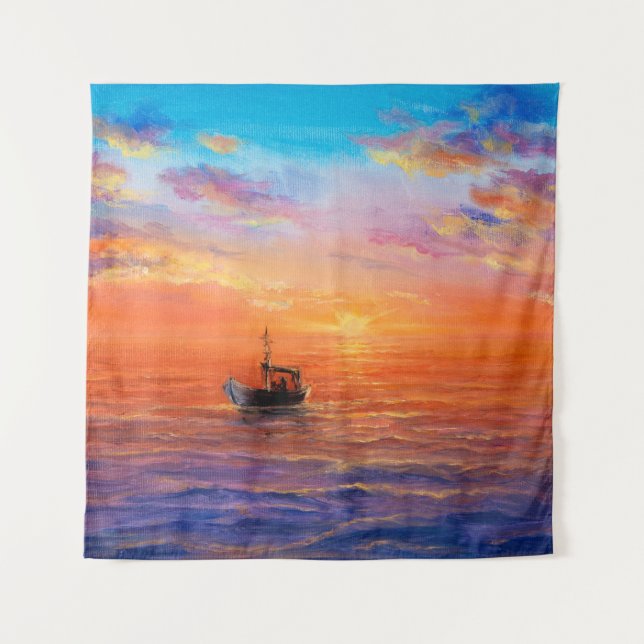  abstract oil painting of fishing boat  and sea on tapestry (Front)
