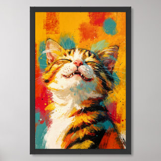 Abstract oil painting of happy smiling tabby cat framed art