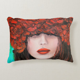 Abstract oil painting showing woman face and red r accent pillow