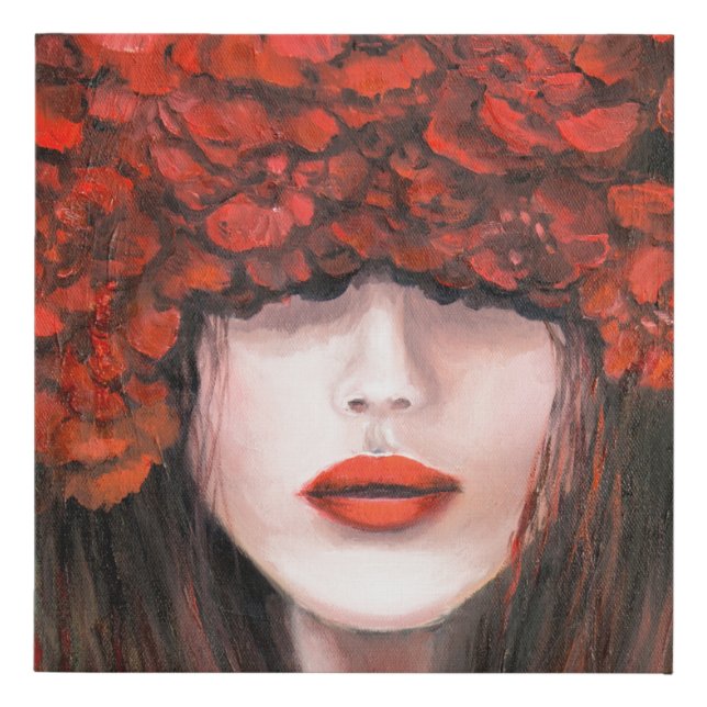 Abstract oil painting showing woman face and red r faux canvas print (Front)