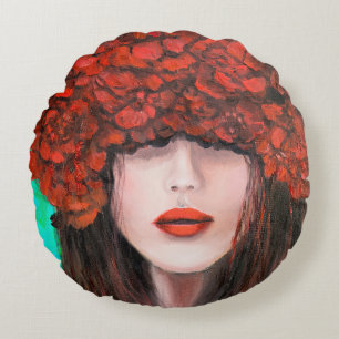 Abstract oil painting showing woman face and red r round pillow