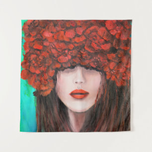 Abstract oil painting showing woman face and red r tapestry