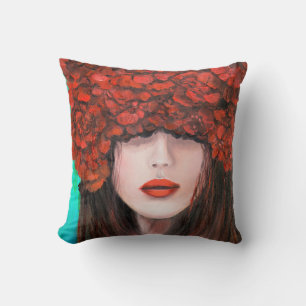 Abstract oil painting showing woman face and red r throw pillow