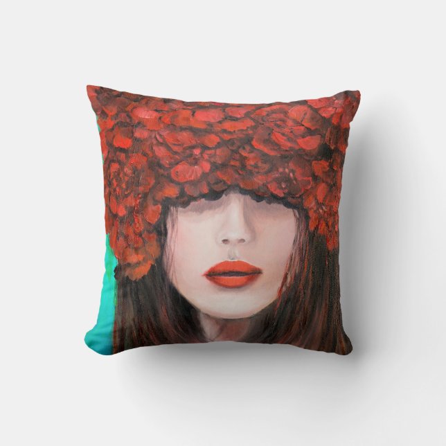 Abstract oil painting showing woman face and red r throw pillow (Front)