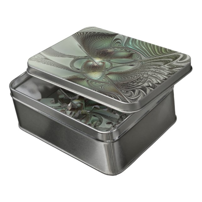 Abstract Olive Green Gray Fractal Art Fantasy Jigsaw Puzzle (Lid Open)