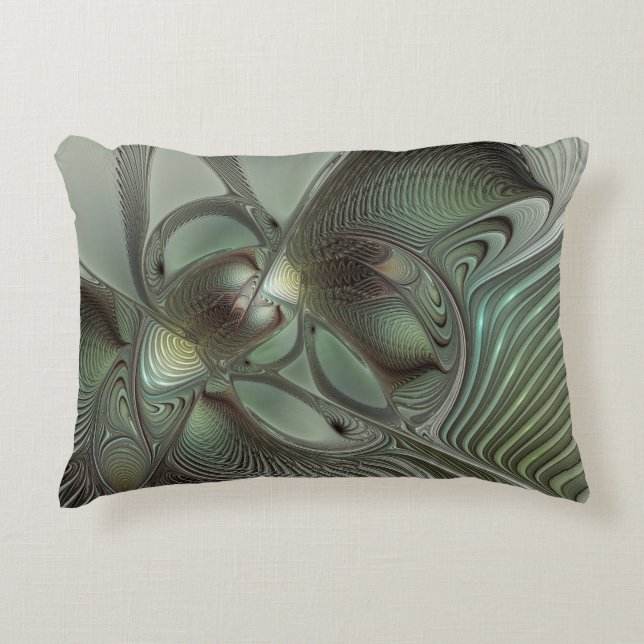 Abstract Olive Sage Green Gray Fractal Art Fantasy Accent Pillow (Front)