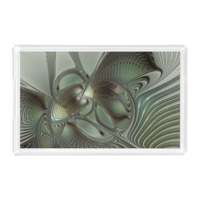 Abstract Olive Sage Green Gray Fractal Art Fantasy Acrylic Tray (Front)