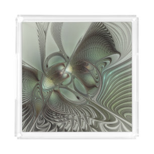 Abstract Olive Sage Green Gray Fractal Art Fantasy Acrylic Tray