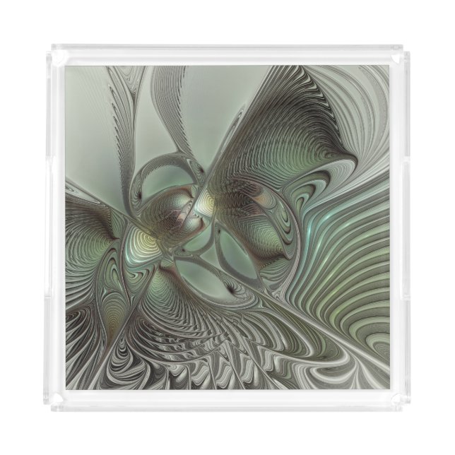 Abstract Olive Sage Green Gray Fractal Art Fantasy Acrylic Tray (Front)