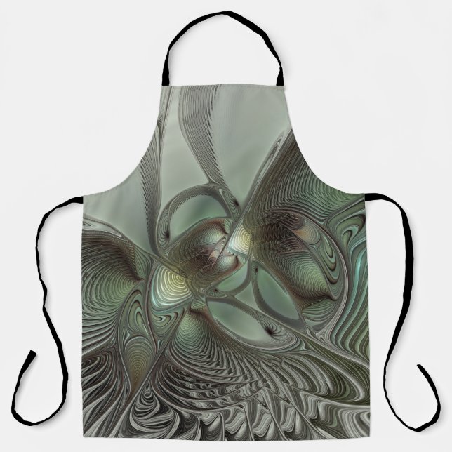 Abstract Olive Sage Green Gray Fractal Art Fantasy Apron (Front)