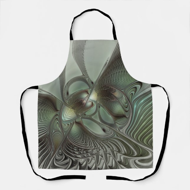 Abstract Olive Sage Green Gray Fractal Art Fantasy Apron (Front)