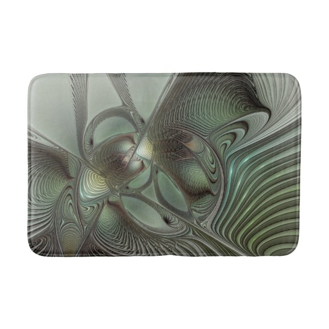 Abstract Olive Sage Green Gray Fractal Art Fantasy Bath Mat (Front)