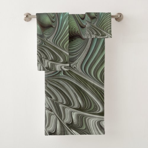Abstract Olive Sage Green Gray Fractal Art Fantasy Bath Towel Set