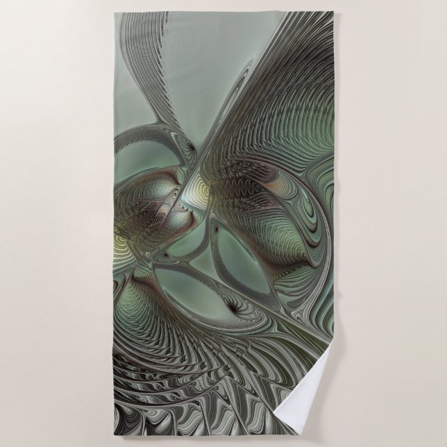 Abstract Olive Sage Green Gray Fractal Art Fantasy Beach Towel (Front)