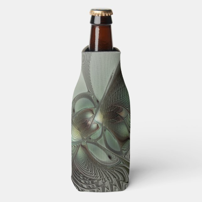 Abstract Olive Sage Green Gray Fractal Art Fantasy Bottle Cooler (Bottle Front)