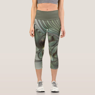 Abstract Olive Sage Green Gray Fractal Art Fantasy Capri Leggings