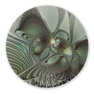 Abstract Olive Sage Green Gray Fractal Art Fantasy Ceramic Knob