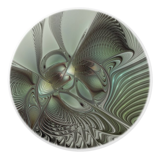 Abstract Olive Sage Green Gray Fractal Art Fantasy Ceramic Knob (Front)