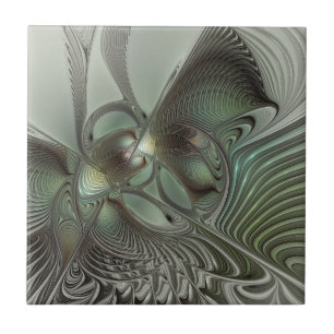 Abstract Olive Sage Green Gray Fractal Art Fantasy Ceramic Tile