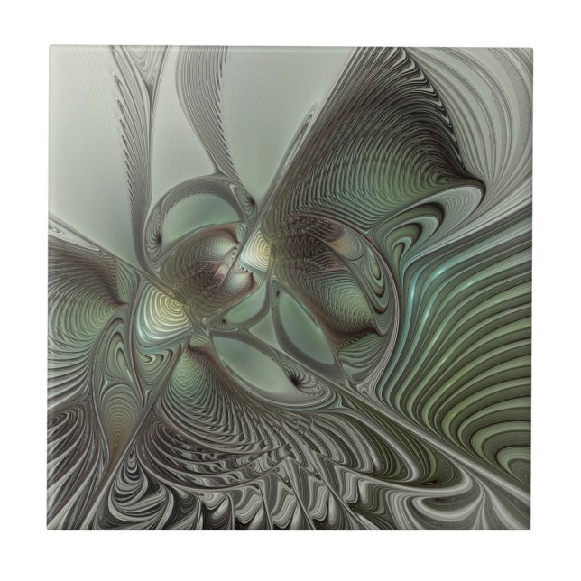 Abstract Olive Sage Green Gray Fractal Art Fantasy Ceramic Tile (Front)