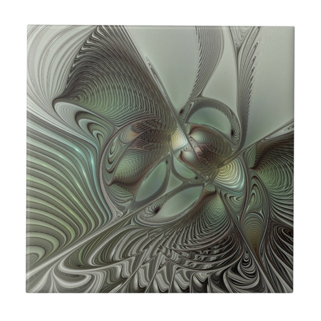 Abstract Olive Sage Green Gray Fractal Art Fantasy Ceramic Tile (Front)