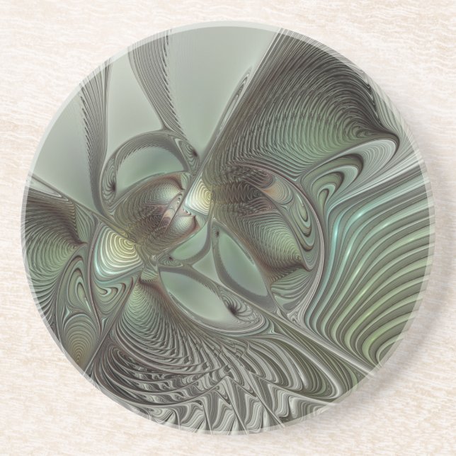 Abstract Olive Sage Green Gray Fractal Art Fantasy Coaster (Front)