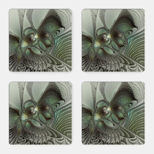 Abstract Olive Sage Green Gray Fractal Art Fantasy Coaster Set