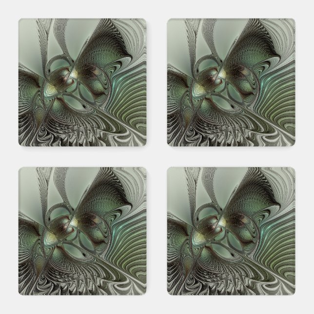 Abstract Olive Sage Green Gray Fractal Art Fantasy Coaster Set (Set)